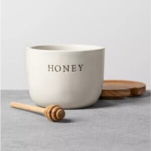 Hearth & Hand Magnolia White Stoneware Honey Pot Acacia Wood Lid & Dipper Tea